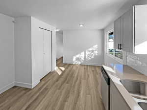 Kitchen with light wood finished floors, dishwasher, and recessed lighting