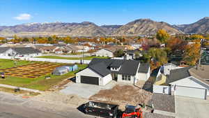 Aerial view of residential area with mountains