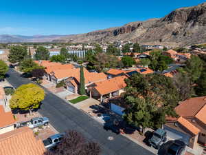 Aerial view of residential area with mountains