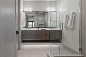 Bathroom featuring a stall shower and double vanity