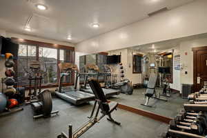 Exercise room featuring recessed lighting