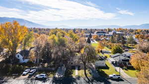 Aerial perspective of suburban area featuring mountains