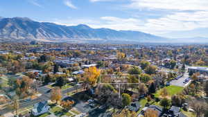Aerial view of residential area with mountains