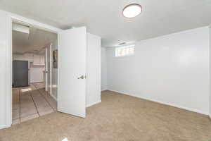 Below grade area featuring light colored carpet, freestanding refrigerator, and light tile patterned floors