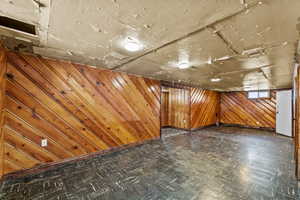 Below grade area featuring wood walls and dark floors
