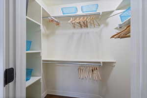 Walk in closet featuring dark wood-style floors