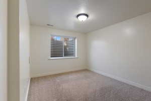 Spare room with light colored carpet and baseboards