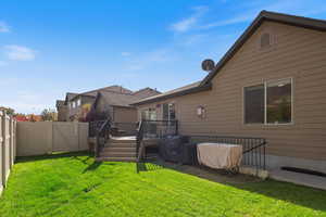 Back of house with a gate, a fenced backyard, and a wooden deck