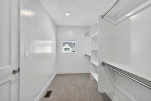 Spacious closet with light colored carpet