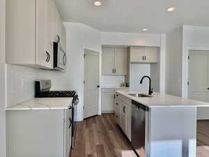 Kitchen with stainless steel appliances, light stone counters, dark wood-type flooring, an island with sink, and recessed lighting