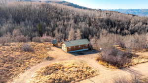 Aerial view of property and surrounding area featuring a heavily wooded area and a mountainous background
