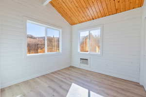 Spare room featuring lofted ceiling, wood ceiling, light wood-style flooring, wood walls, and a mountain view