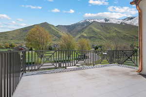 View of patio with a mountain view