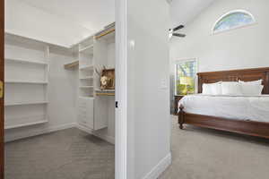 Primary Suite featuring light carpet, multiple windows, high vaulted ceiling, 2 walk-in closets and a ceiling fan