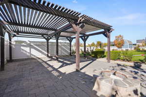 Fenced backyard featuring a patio and a pergola