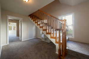 Stairs with carpet floors and a ceiling fan