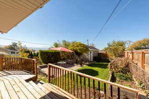 Deck featuring a fenced backyard and a storage shed