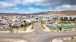 Aerial view of residential area with mountains