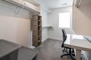 Walk in closet featuring dark colored carpet