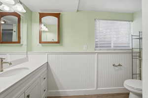 Bathroom with a wainscoted wall, vanity, and wood finished floors