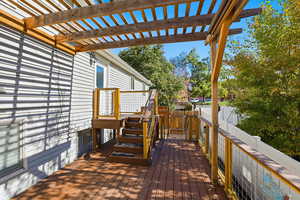Wooden deck with a fenced backyard