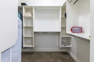 Spacious closet with dark colored carpet
