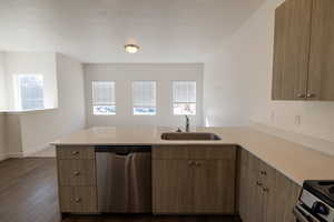 Kitchen featuring stainless steel dishwasher, gas stove, a peninsula, dark wood-style floors, and brown cabinetry
