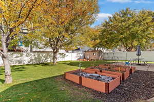Fenced backyard featuring a vegetable garden and an outdoor structure