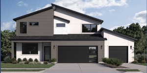 Modern home with driveway, stucco siding, and a shingled roof