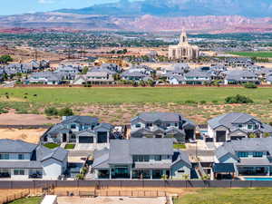Aerial perspective of suburban area with mountains