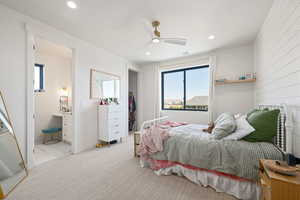 Bedroom featuring carpet floors, a ceiling fan, and recessed lighting