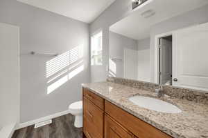 Bathroom featuring vanity and dark wood-style floors