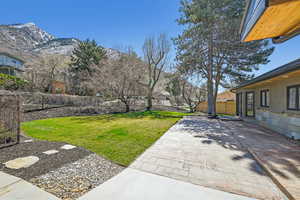 Fenced backyard with a mountain view and a patio
