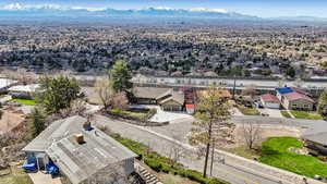 Aerial perspective of suburban area featuring mountains