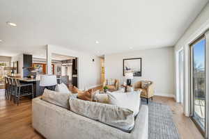 Living room with light wood-type flooring and recessed lighting