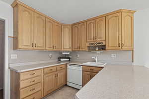 Kitchen with light countertops, white dishwasher, light brown cabinetry, and open shelves