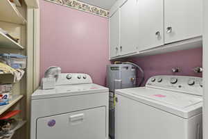 Laundry area with water heater and independent washer and dryer