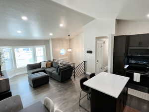 Living area featuring recessed lighting, lofted ceiling, and dark wood finished floors