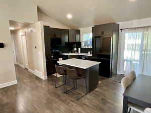 Kitchen featuring a breakfast bar area,  kitchen island, vaulted ceiling, and light countertops