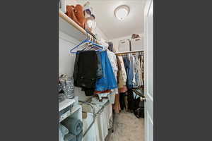 Walk in closet with light colored carpet