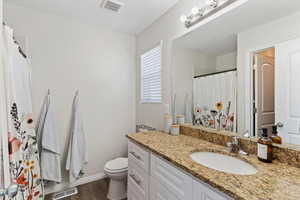 Full bathroom with vanity, dark wood-style floors, and a shower with curtain