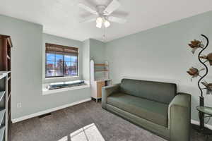 Living area featuring carpet flooring, ceiling fan, and a textured ceiling