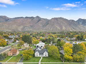 Aerial view of residential area with a mountain backdrop