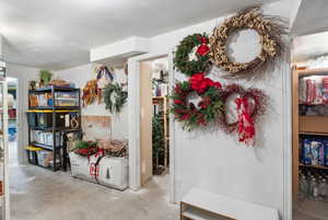 Interior space featuring unfinished concrete flooring