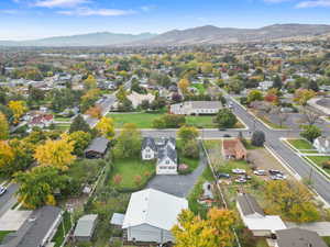 Aerial perspective of suburban area with mountains