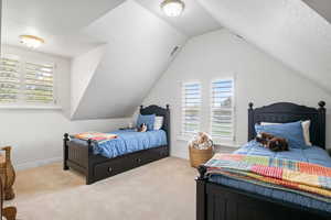 Carpeted bedroom featuring multiple windows, vaulted ceiling, and a textured ceiling