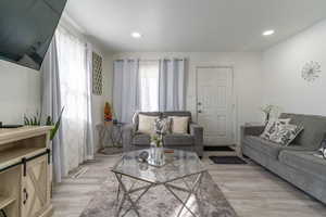 Living room with light wood-type flooring and recessed lighting