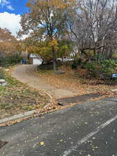 View of yard with asphalt driveway and a garage