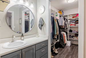 Bathroom with a walk in closet, vanity, and dark wood-style floors