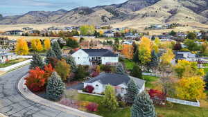 Aerial view of residential area with mountains